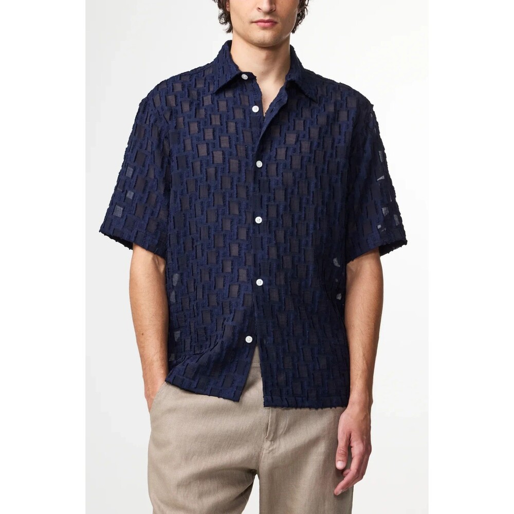 NN07 Shirt Mens Medium Navy Blue Button Up Sheer Short Sleeve FREDDY $245